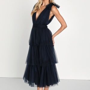 Lulus Flawless Arrival Navy Blue Tulle Tie-strap Tiered Maxi Dress - Size S